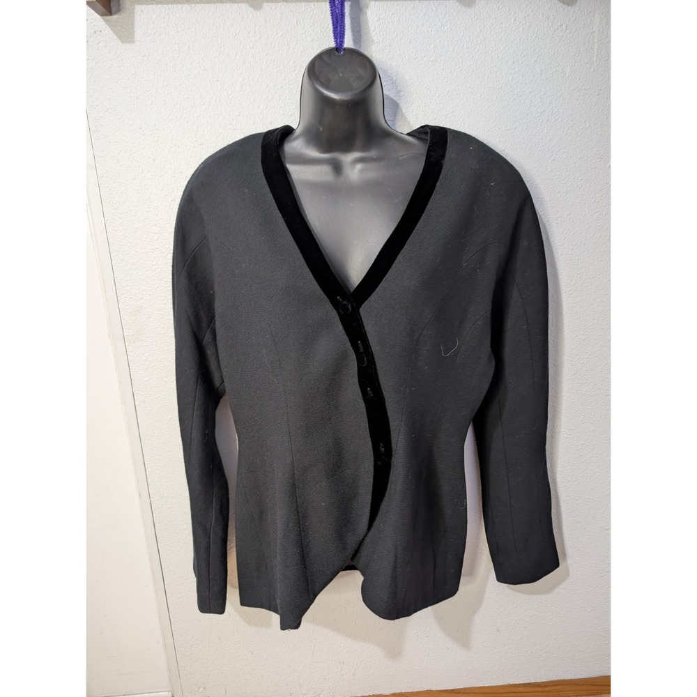 BICCI Firenze Vintage 90s Black Wool Blazer Velvet Trim V Neck Made USA‎ 12